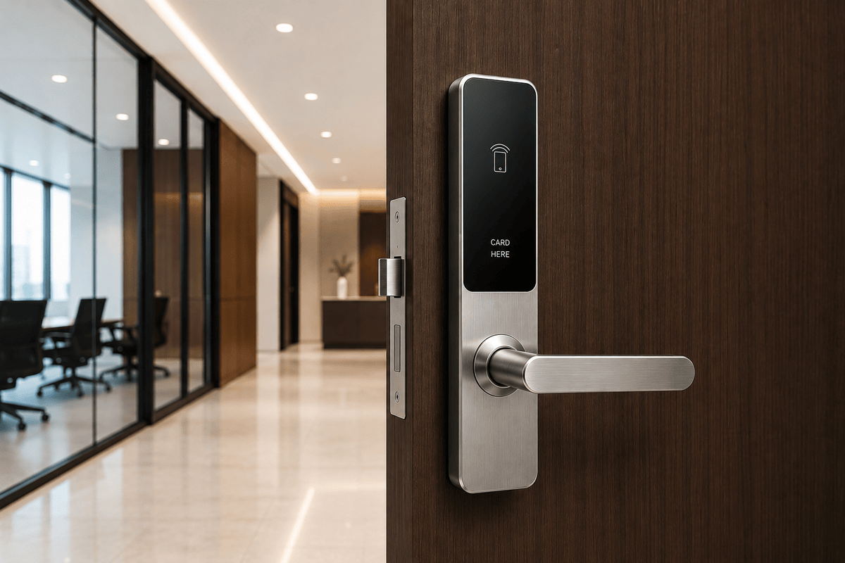 Modern smart door lock for commercial offices and hotels with sleek brushed-metal finish
