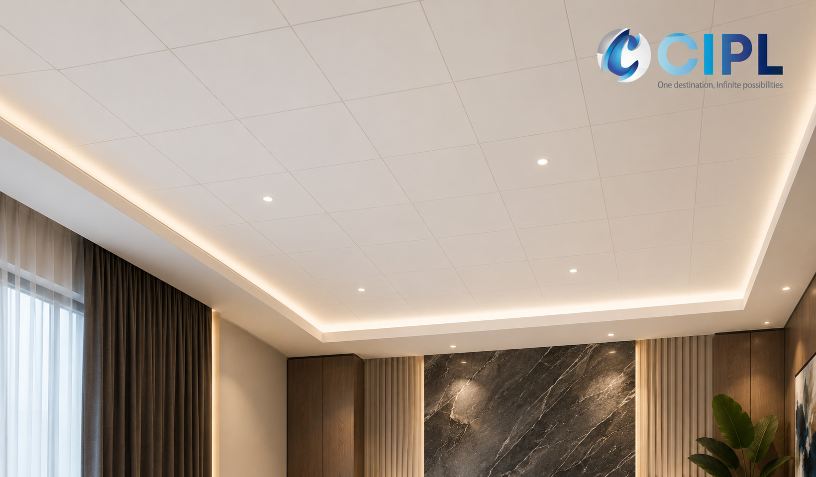 Premium white acoustic ceiling tiles installed in a modern commercial office interior by CIPL.