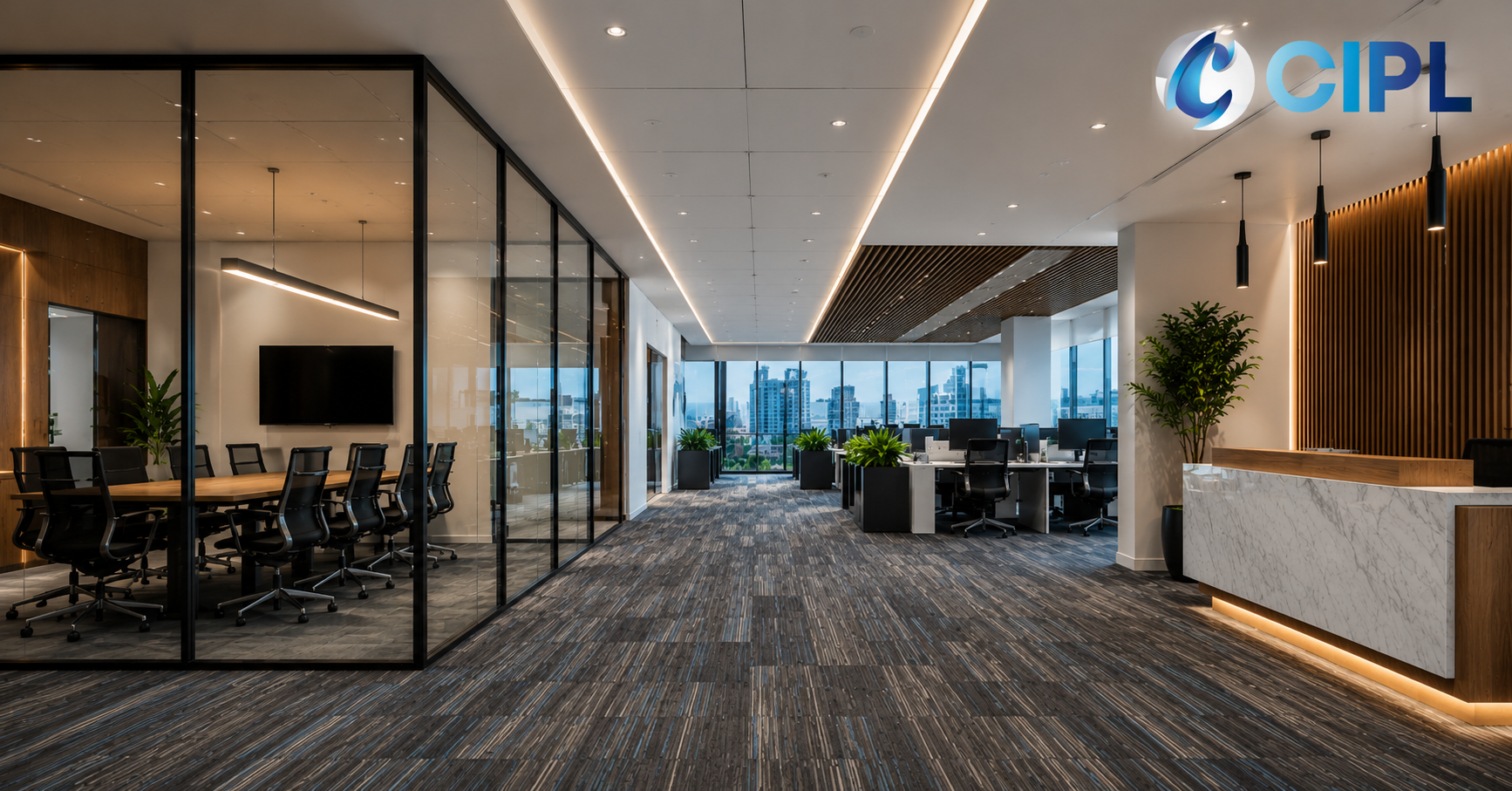 Modern office interior featuring Welspun Flooring carpet tiles, gypsum false ceiling, glass partitions, and premium office interiors by CIPL.