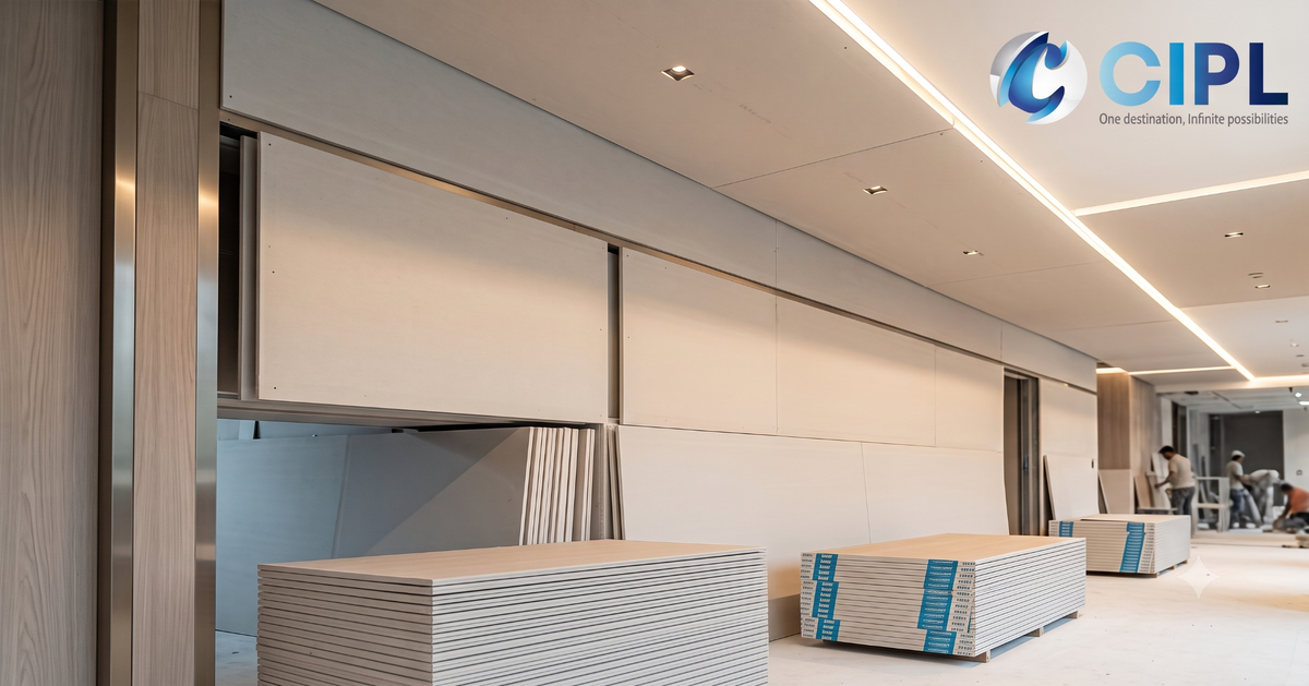 Knauf gypsum boards installed in a modern commercial office interior for premium false ceiling and drywall partition solutions by CIPL.