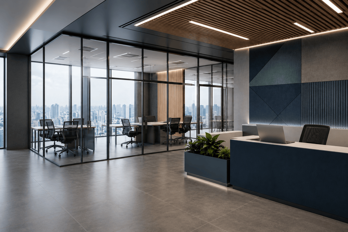 Modern office interior with glass meeting rooms, blue acoustic wall panels, wood-slat ceiling, LED lighting, reception desk, and city skyline.