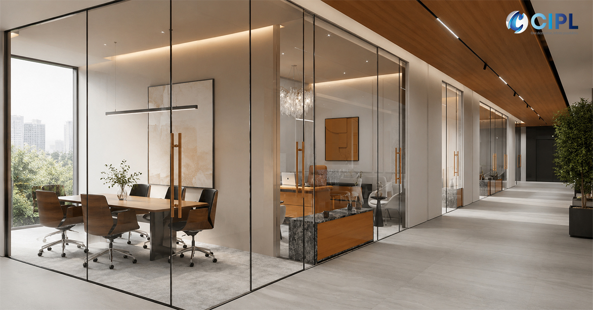 Soundproof office partition with acoustic panels in a modern commercial workspace